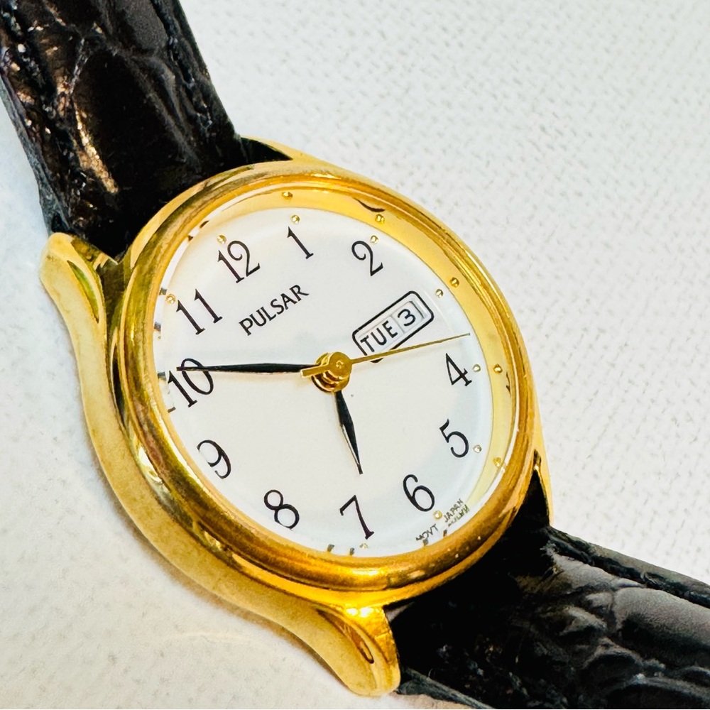 Seiko Pulsar 24mm Women's Day/Date Watch Gold Black Croco Leather VX83-X002 - Picture 12 of 14